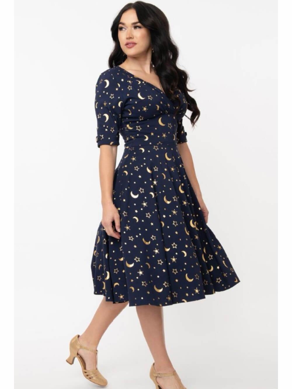 4X Unique Vintage Metallic Celestial Dress in Navy Blue
